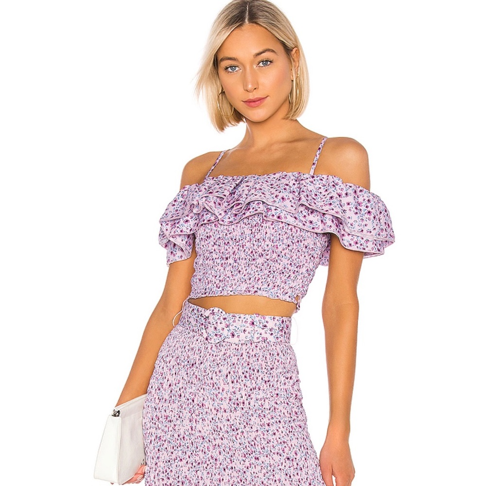 NICHOLAS Lilac Floral Off-Shoulder Ruffle Crop Top